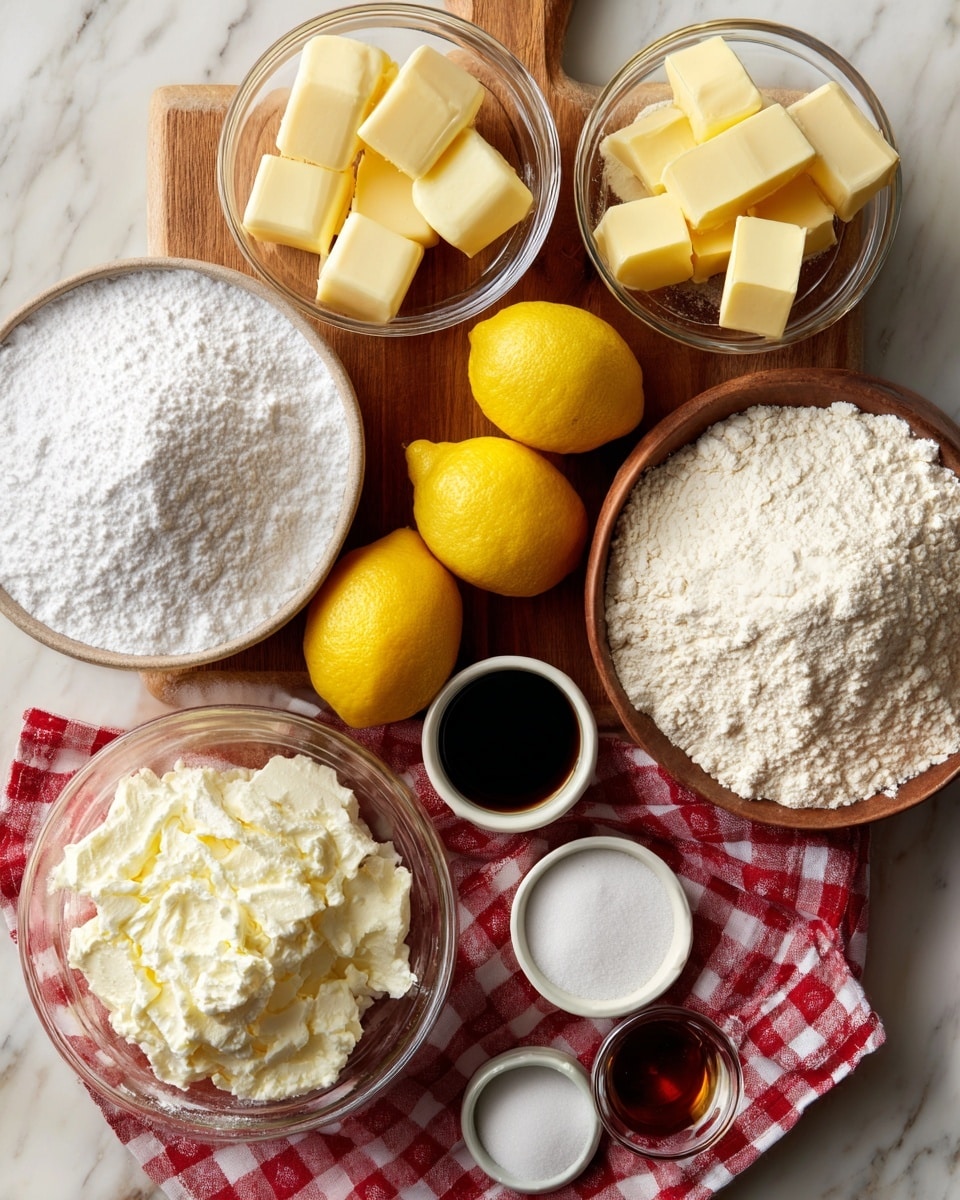 The image shows a flat wooden surface with a variety of clear glass bowls and small containers holding baking ingredients arranged neatly. On the left, a large bowl is filled with white powdered sugar. Next, three small cubes of pale yellow butter sit in a smaller bowl above a group of three bright yellow lemons. In the center is a bowl with three raw yellow eggs and below it a bowl of white ricotta cheese with a soft, creamy texture. To the right, a large bowl holds white flour, placed on a red and white checkered cloth. Four small containers sit on the cloth: dark amber vanilla extract, white baking soda, white salt, and granulated white sugar in a large bowl. The scene is set on a white marbled surface photo taken with an iphone --ar 4:5 --v 7