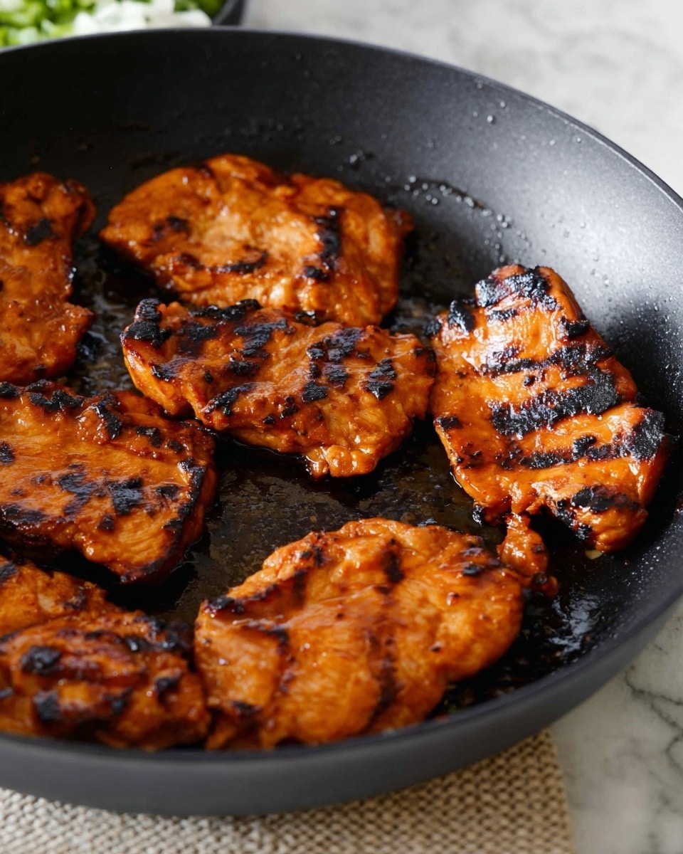 A close-up view of a black frying pan with six pieces of grilled chicken inside, each piece showing a rich orange-brown color with dark charred grill marks scattered across their surfaces. The chicken pieces vary slightly in size and shape, arranged to cover the pan’s cooking surface but leaving some black areas visible. The pan sits on a textured beige mat with a blurred white marbled background, giving a clean and simple setting. The chicken looks juicy and well-cooked with a slightly shiny, cooked glaze on each piece. photo taken with an iphone --ar 4:5 --v 7