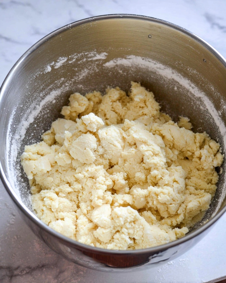 A close-up view of light yellow dough with a crumbly texture inside a shiny silver metal mixing bowl, with some flour dust around the inner edge of the bowl. The bowl sits on a white marbled surface. The dough looks soft but uneven, with little clumps packed together. Photo taken with an iphone --ar 4:5 --v 7