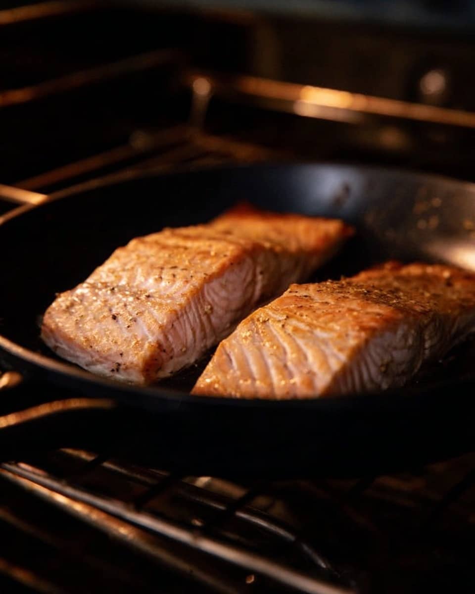 Two pieces of cooked salmon with light pink and orange colors lie side by side in a black pan. The salmon has a slightly shiny, flaky texture with some seasoning visible on top. The pan is inside an oven with metal racks visible around it. The light focuses on the salmon, highlighting its moist surface. photo taken with an iphone --ar 4:5 --v 7