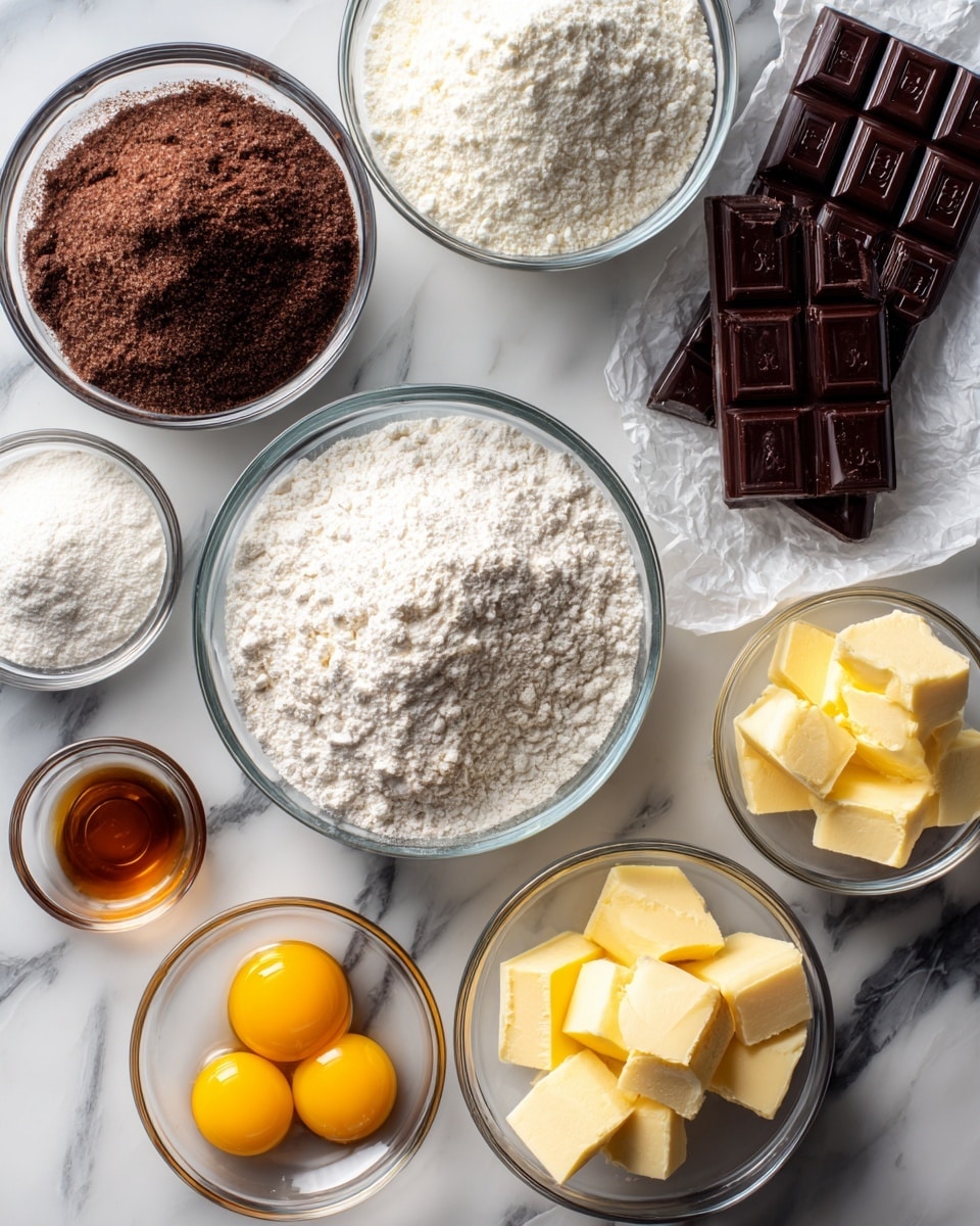 The image shows several small glass bowls arranged on a white marbled surface, each holding a different baking ingredient. Starting from the top left, there is a bowl filled with brown sugar, below it a bowl with white sugar, and next to that a bowl with rice flour. In the center lies a larger bowl filled with white flour. To the right, a small bowl holds two bright yellow egg yolks, above it a tiny bowl contains amber vanilla extract, and next to them a bowl with yellow butter cubes. At the top right, a large bar of dark chocolate rests on white parchment paper. Each ingredient is clearly visible with different textures, colors, and sizes. photo taken with an iphone --ar 4:5 --v 7