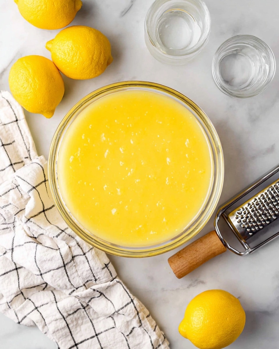 A clear glass bowl sits in the center, filled with a smooth, bright yellow lemon mixture that has small lumps on the surface. Around the bowl, on a white marbled surface, there are four whole bright yellow lemons placed randomly. To the right of the bowl is a long metal grater with a wooden handle. Below the bowl, there is a white cloth with a black grid pattern gently folded. In the top right corner, there are two clear glass jars, one empty and the other with a small amount of liquid. Photo taken with an iphone --ar 4:5 --v 7