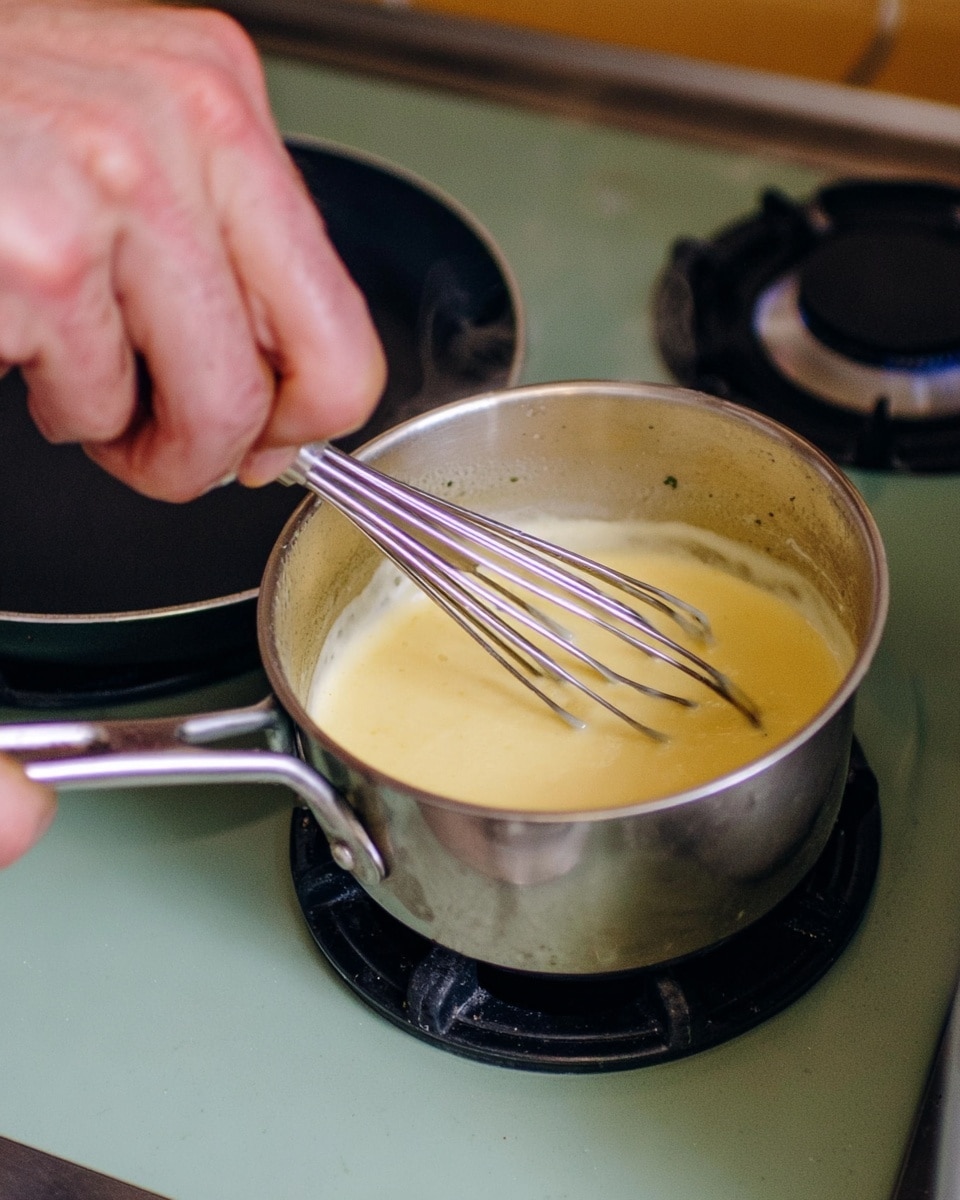 A small silver pot is placed on a stove burner with steam rising from it, showing hot, smooth light yellow sauce inside being stirred by a person's finger holding a wire whisk. The pot is shiny with a long handle that is held by another finger from the same person, while the stove surface is a soft green color. Nearby, a black pan is partially visible. The scene is simple with an everyday kitchen background. photo taken with an iphone --ar 4:5 --v 7