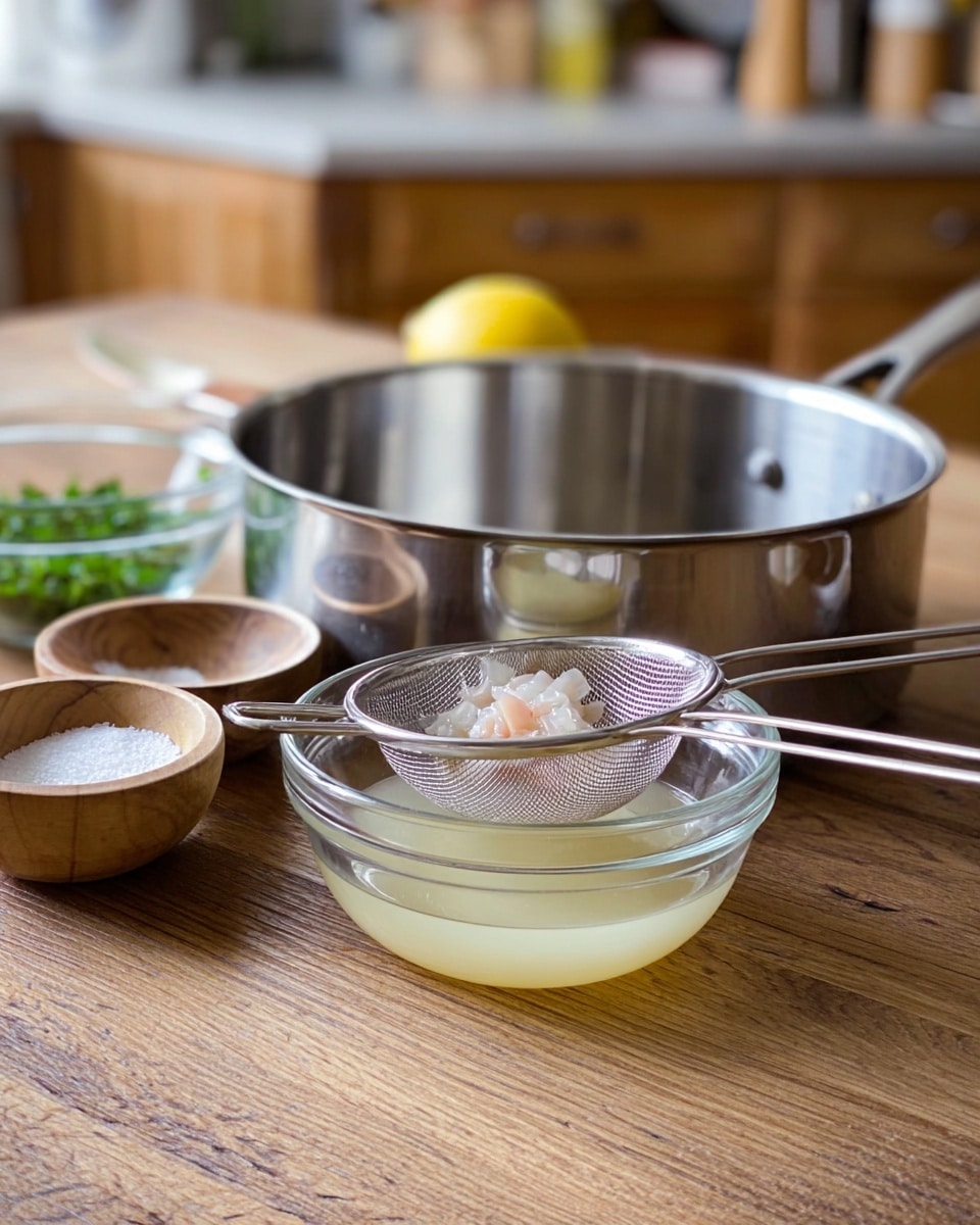 A small clear glass bowl with pale yellow liquid sits on a wooden surface, with a metal strainer resting on top of it holding small white and pale pink pieces. Behind the bowl is a shiny stainless steel saucepan with a long handle. To the left, there are two small wooden bowls, one with white salt and the other empty, a clear glass bowl with chopped green herbs, and a yellow lemon. The background shows softly blurred wooden cabinets. photo taken with an iphone --ar 4:5 --v 7