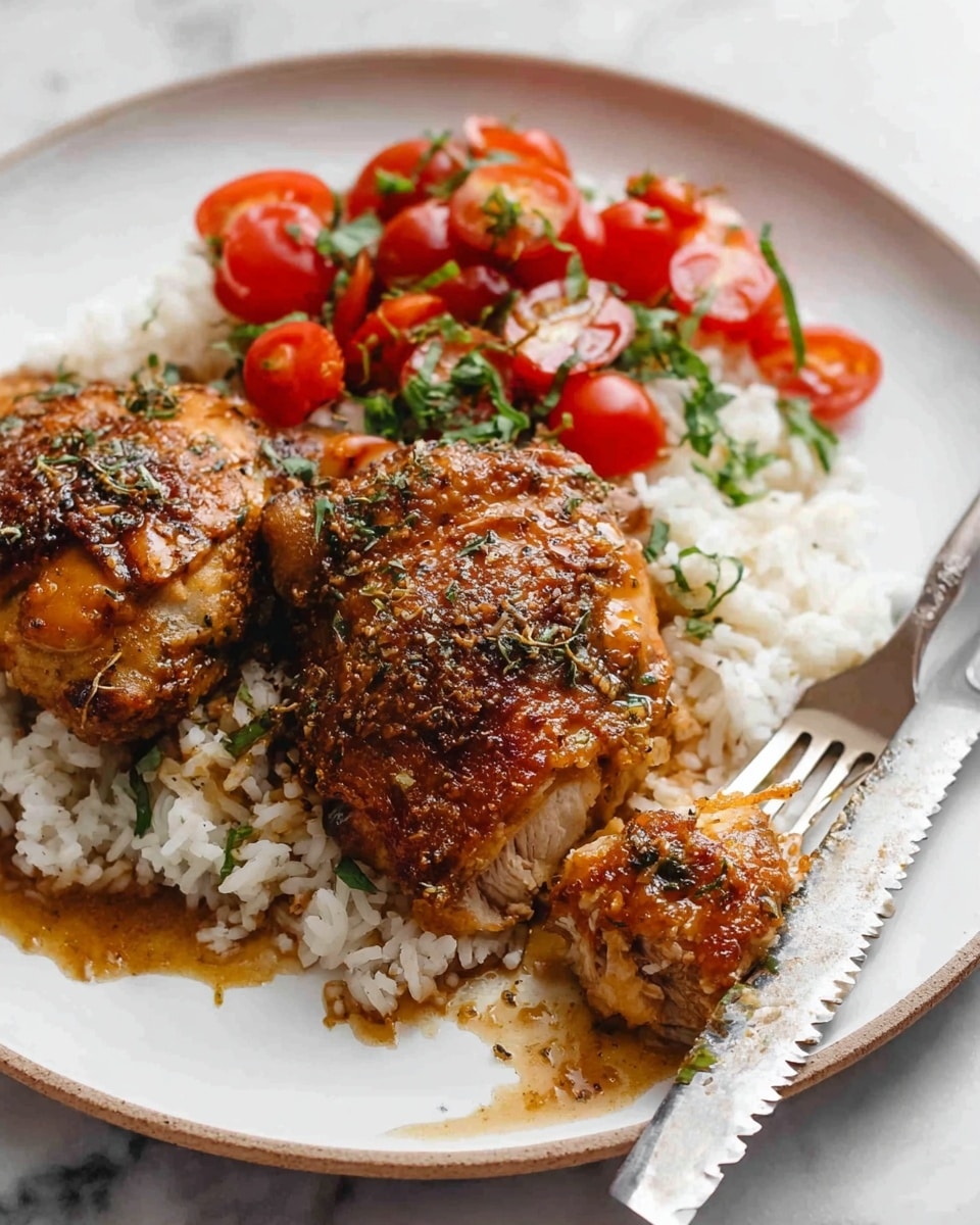 The image shows a white plate with two brown roasted chicken pieces placed on a bed of white rice. The chicken has a crispy, textured skin with herbs sprinkled on top. A sauce is poured over the rice beneath the chicken, giving the rice a slightly shiny look. On the side of the plate, there is a small pile of halved cherry tomatoes with green herbs scattered over them, adding a fresh red and green color contrast. A fork and a serrated knife are positioned near the rice, with the fork having a piece of chicken on it, and the knife resting on the edge of the plate, all set on a white marbled surface. photo taken with an iphone --ar 4:5 --v 7