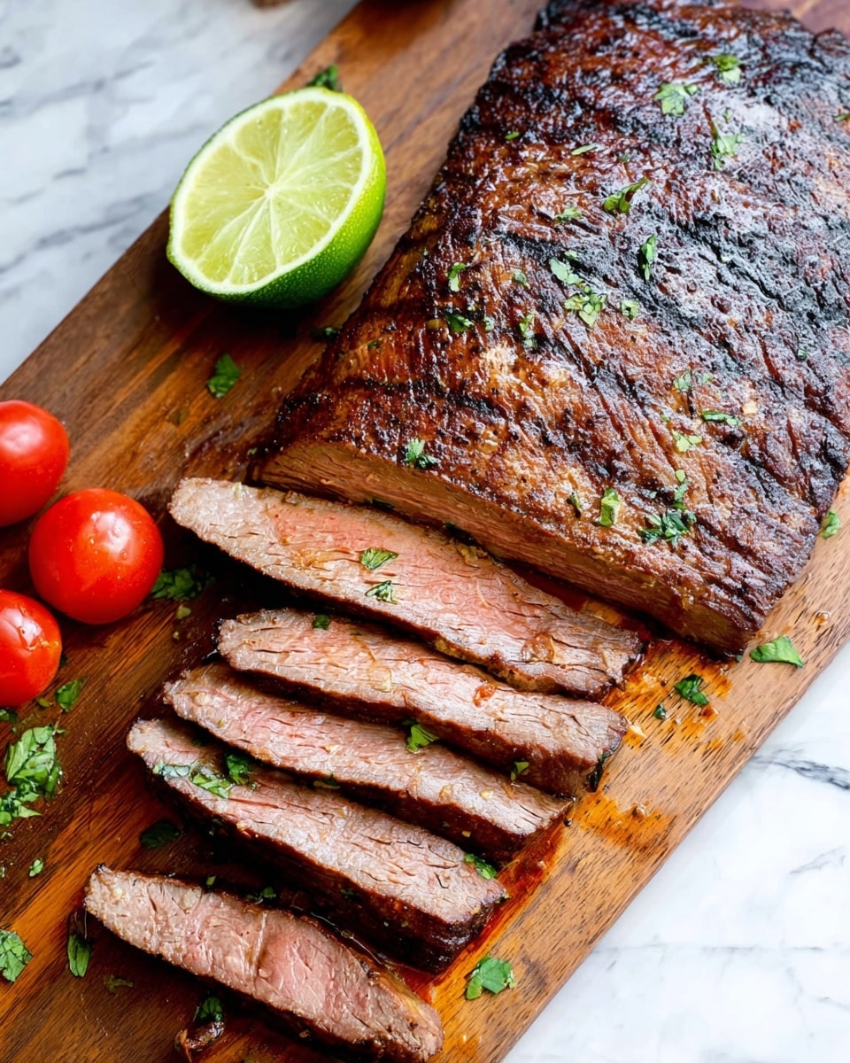 The image shows a large piece of cooked meat with a dark brown, grilled texture on top, partly sliced into seven thin pieces revealing a pink center. The slices lay in a row on a wooden cutting board beneath the main piece, sprinkled with small green herb leaves. On the wooden board near the meat, there are two red tomatoes and a half lime with a light green interior. The background is a white marbled surface. photo taken with an iphone --ar 4:5 --v 7