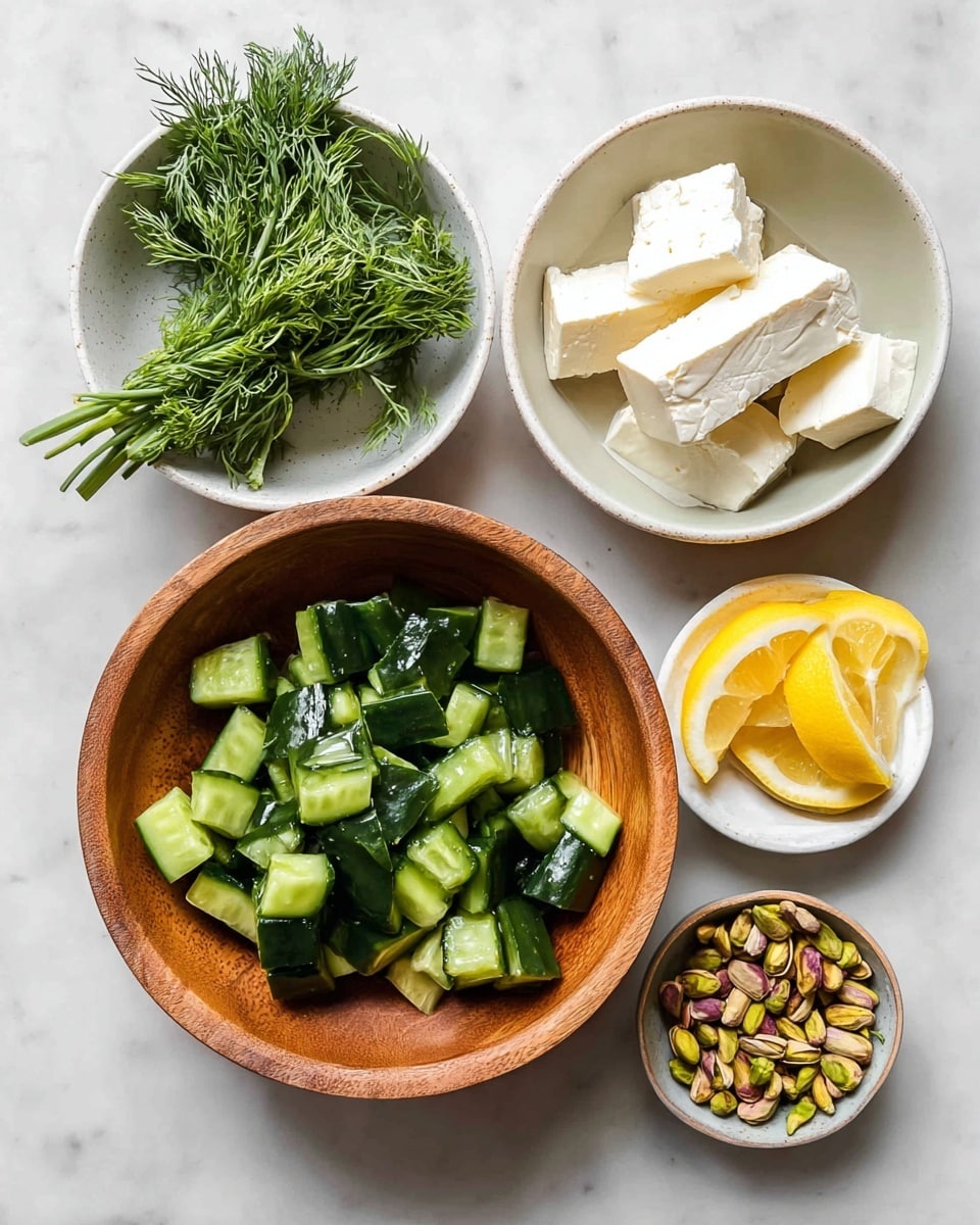 The image shows five small bowls on a white marbled surface with fresh ingredients. The largest bowl at the bottom is made of wood and filled with roughly chopped dark green cucumber pieces that have a shiny texture. To the top left, there is a white bowl holding a small bunch of fresh, leafy dill with thin stems. Next to it on the right, a white bowl contains thick, uneven white blocks of cheese with a slightly crumbly texture. Just below the dill, there is a small wooden bowl with two bright yellow lemon halves placed cut side up. On the far right, a small white bowl contains shelled pistachios in shades of green and brown. The whole setup is clean, fresh, and bright. photo taken with an iphone --ar 4:5 --v 7