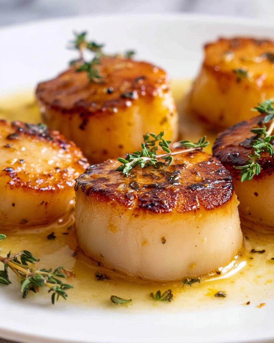 The image shows several golden brown scallops arranged on a white plate, each scallop with a caramelized, crisp top and a soft, creamy inside that has a light translucent texture. One scallop is in clear focus, revealing its thick, round shape with juicy, glistening layers inside. Small fresh green thyme sprigs are placed on top of each scallop and scattered around the plate, with a shiny, buttery sauce pooling under and around the scallops. The plate sits on a white marbled surface. Photo taken with an iphone --ar 4:5 --v 7