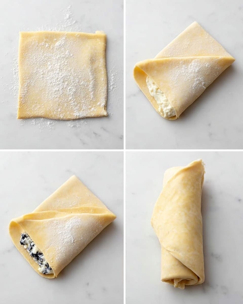 The image shows four steps of folding a square piece of dough, placed on a white marbled surface. In the first step, a cluster of black and white creamy filling is placed near the bottom left corner of the pale yellow dough square, which is lightly dusted with flour. In the second step, the bottom right corner of the dough is folded over the filling, creating a diagonal fold that reveals the creamy filling peeking from underneath. In the third step, the left edge and top edge of the dough are folded inward, partially covering the filling and forming a loose bundle. Finally, in the fourth step, the dough is rolled from left to right into a tight cylindrical shape, with the creamy filling completely enclosed inside the dough wrap. Photo taken with an iphone --ar 4:5 --v 7