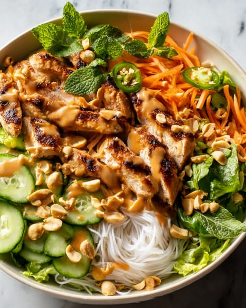 The image shows a white bowl filled with a colorful dish arranged in layers. At the bottom right, there are thin white rice noodles with a smooth texture. On top of the noodles and spread across the bowl, there are grilled pieces of chicken with a golden-brown color and a slightly charred texture, drizzled with a thick light brown sauce. Surrounding the chicken, there are thin orange carrot strips, fresh green leafy herbs like mint and basil, light green lettuce pieces, sliced green cucumber, and slices of green jalapeño peppers. Scattered on top are pale beige peanuts adding a crunchy texture. The bowl is set on a white marbled surface. photo taken with an iphone --ar 4:5 --v 7