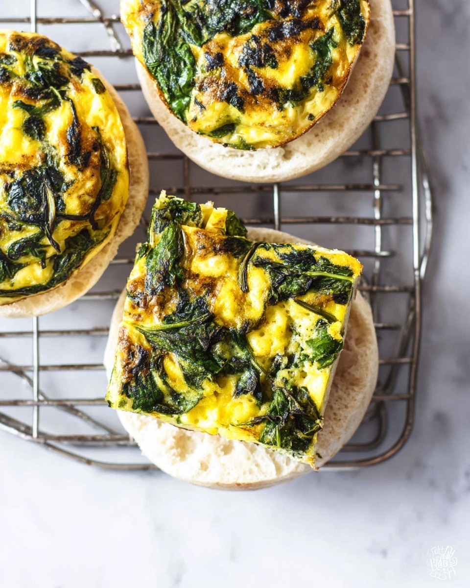 Three white English muffins sit on a silver wire rack over a white marbled surface. Each muffin is open-faced, with the bottom halves topped with a thick, square slice of a bright yellow and green spinach frittata, showing a slightly crispy, textured top with scattered dark green spinach leaves. The muffin tops are plain with a soft, porous texture. photo taken with an iphone --ar 4:5 --v 7