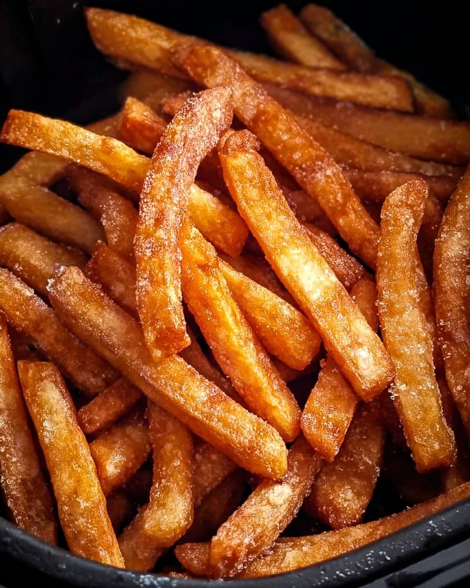 The image shows a black air fryer basket filled with golden brown fries. Each fry is long and thin with a crispy, slightly rough texture, and a light coating of oil that makes them shine. They are stacked unevenly, with some overlapping and others lying flat within the basket. The basket's dark surface contrasts with the warm tones of the fries, highlighting their crunchiness. Photo taken with an iphone --ar 4:5 --v 7
