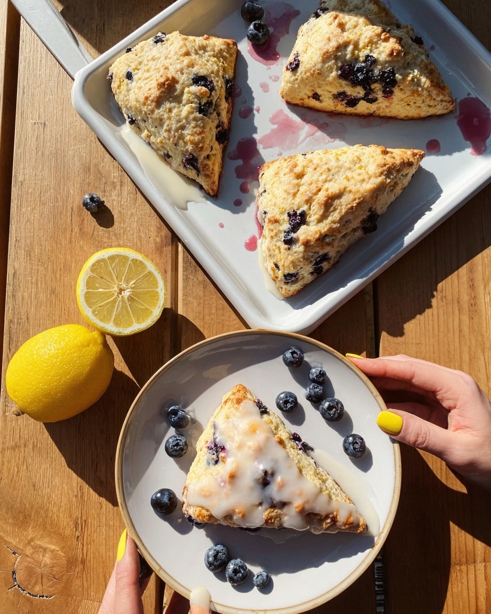 Four triangular scones with a golden brown crumbly texture and visible dark blueberries inside are placed on a white tray with a few drops of white glaze and purple blueberry juice around them. Below the tray, a white plate holds one scone covered with a thin layer of shiny white glaze, surrounded by scattered blueberries. A woman's hand with yellow nail polish is holding the plate from the corner. Two lemon halves with a bright yellow rind and textured peel sit next to the plate on a wooden surface. The setting is bright with sunlight casting shadows. photo taken with an iphone --ar 4:5 --v 7