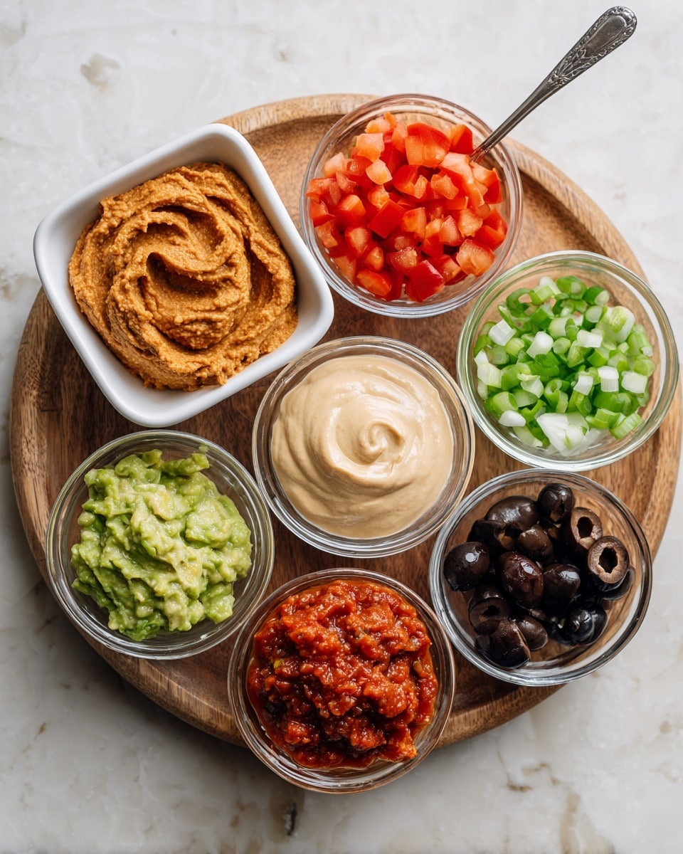 A round wooden board sits on a white marbled surface, holding seven small white bowls with different vegan dip ingredients. In the center-left is a white square bowl filled with light brown, smooth refried beans, swirled on top. Above it, a clear bowl contains bright red diced tomatoes with a juicy texture. To the upper right, a small white bowl holds fresh, sliced green onions. Below the green onions, a larger clear bowl has a creamy, smooth beige vegan queso with a silver spoon resting inside. To the bottom left, a clear bowl shows bright green guacamole with a slightly chunky texture. At the bottom center, a white bowl is filled with chunky red salsa. Finally, in the bottom right corner, a white bowl contains sliced black olives. The colors contrast nicely against the wooden board and light background, creating an inviting look. Photo taken with an iphone --ar 4:5 --v 7