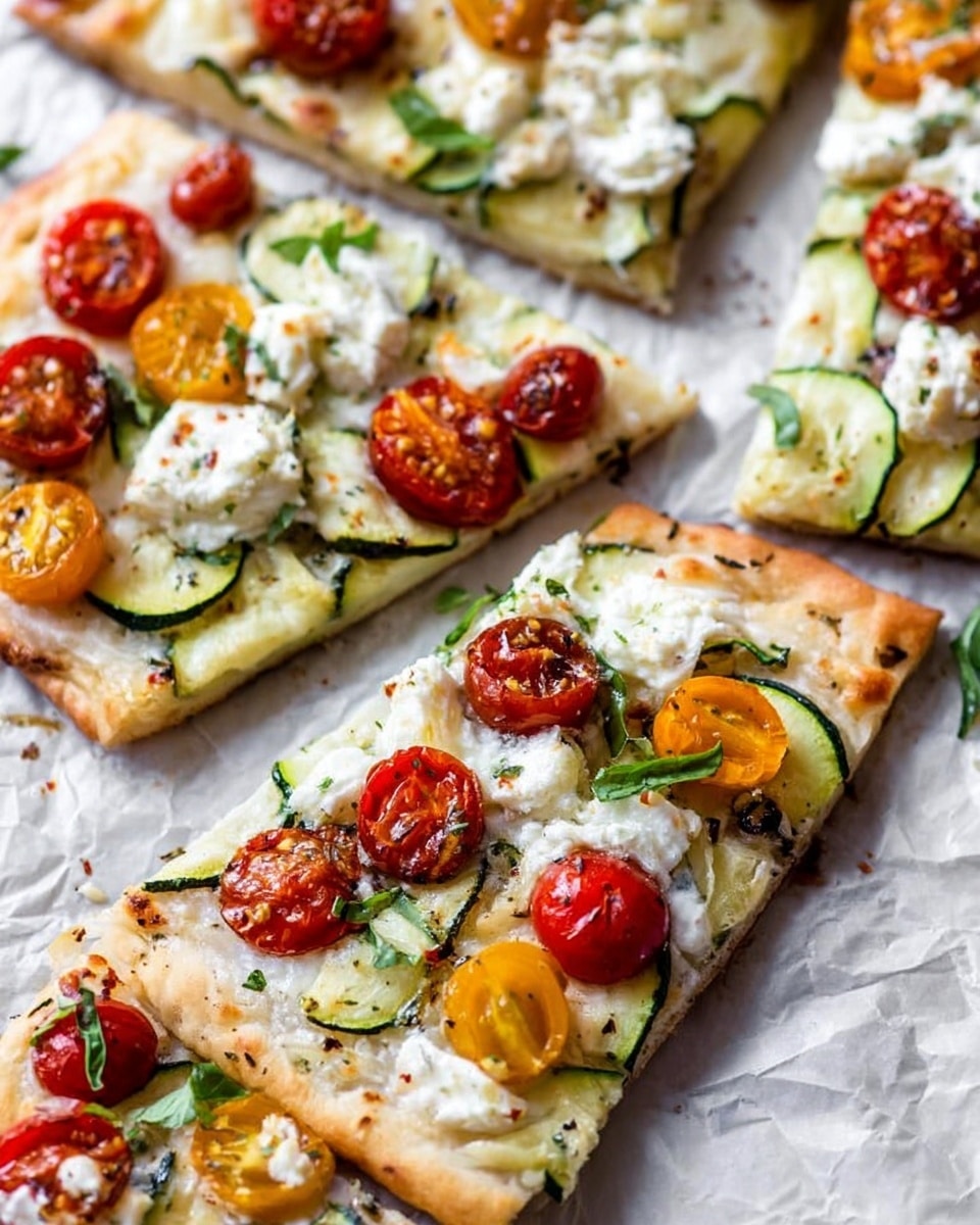 The image shows several rectangular slices of flatbread pizza laid on crumpled parchment paper over a white marbled surface. Each slice features a thin, light golden crust with a soft texture. The toppings on the pizza have three main layers: thin slices of green zucchini on the bottom, creamy white cheese dollops in the middle, and halved cherry tomatoes in red and orange on top, some slightly roasted with a bit of char. Bits of finely chopped fresh basil are sprinkled across the slices, adding green color. The overall look is fresh and colorful, with the ingredients spread evenly. Photo taken with an iphone --ar 4:5 --v 7