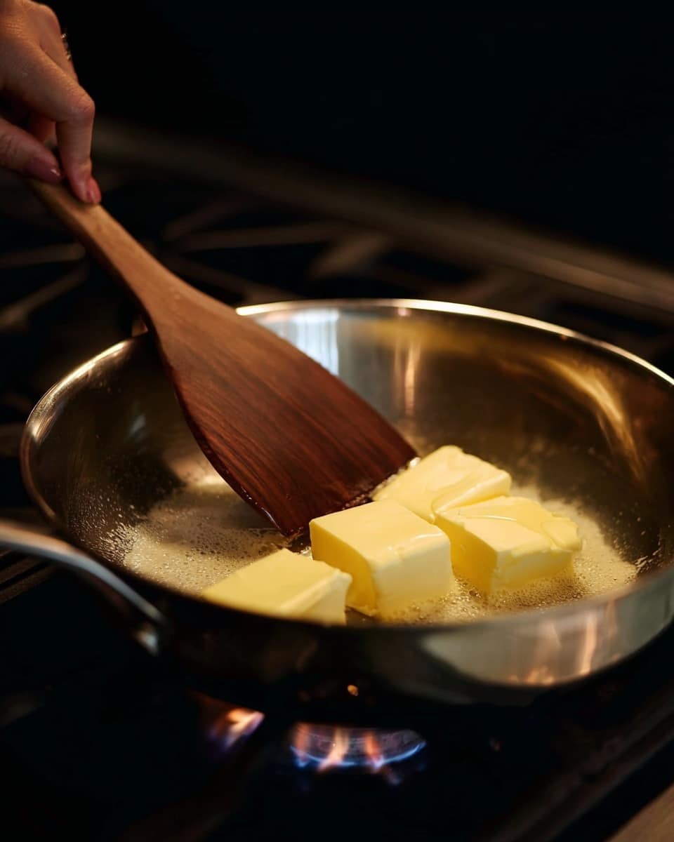 A close-up image shows four light yellow butter pieces melting in a shiny stainless steel pan with a smooth texture inside. A woman's hand holds a dark brown wooden spatula, gently stirring the melting butter. The pan is placed on a dark stove with flames underneath, and the background is dim, bringing focus to the pan and butter. photo taken with an iphone --ar 4:5 --v 7