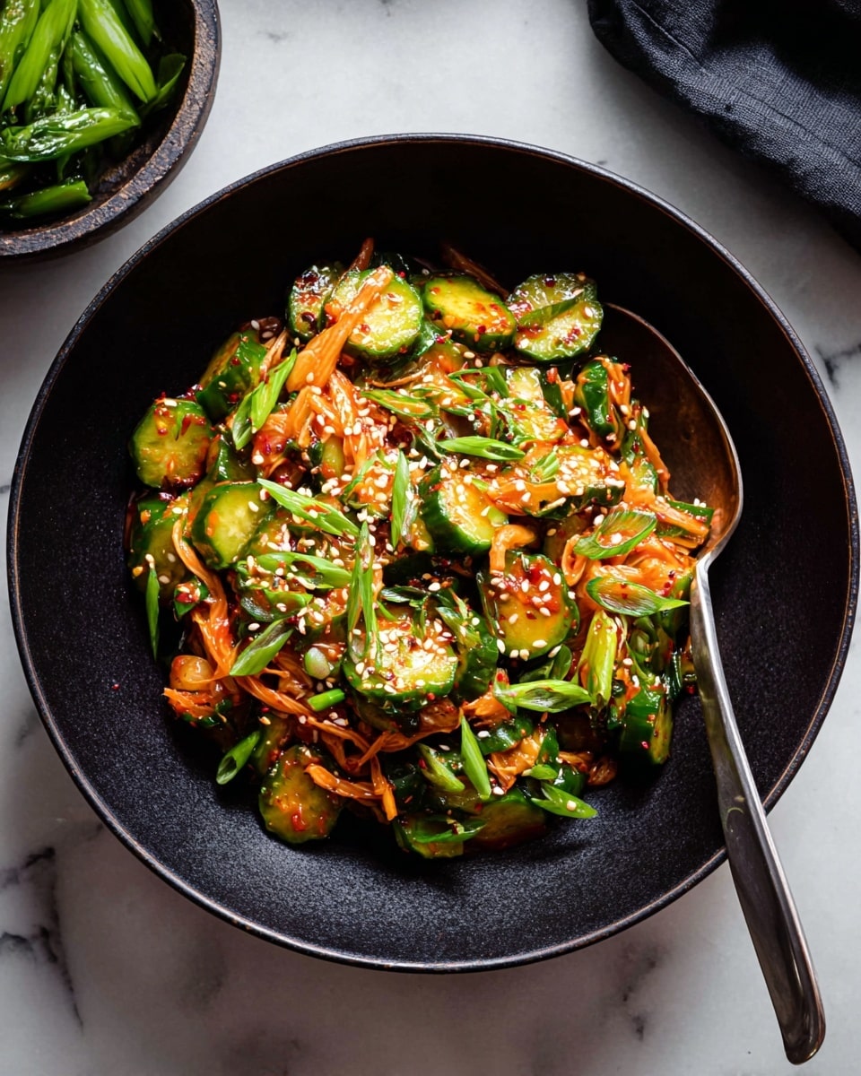 A black bowl holds a spicy cucumber salad made of bright green cucumber chunks mixed with thin orange carrot strips and small white sesame seeds scattered on top. Fresh green onion slices add a fresh touch, spread across the dish. The vegetables are coated with a reddish sauce that hints at chili flakes. A silver spoon rests inside the bowl on the right side. The bowl is set on a white marbled surface with another smaller bowl in the background holding green vegetables. Photo taken with an iphone --ar 4:5 --v 7