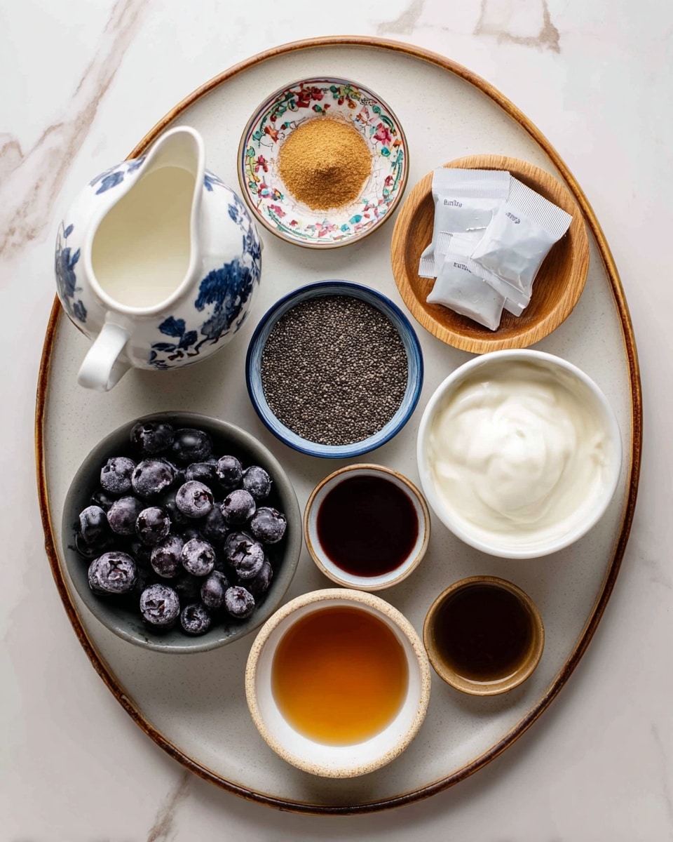 The image shows various ingredients arranged neatly on a large white plate with a brown rim, placed on a white marbled surface. In the center bottom, there is a gray bowl filled with frozen blueberries, dark purple with frosty white patches. To the left of the blueberries, a small white pitcher with blue floral patterns holds milk, its smooth surface visible. Above the blueberries is a blue and white bowl filled with chia seeds, small black and white grains densely packed. To the right of the chia seeds, a wooden bowl contains thick, white yogurt with a slightly uneven texture. Above the yogurt, two Earl Grey tea bags with white and light blue packs rest on a small white bowl with colorful patterns inside. At the top of the plate, a small tan dish holds light brown cardamom powder. To the left of it, a small round dish with an outer brown and inner blue edge holds thick, dark vanilla extract. Finally, at the bottom right of the plate, a small white bowl with a light brown rim is filled with amber-colored maple syrup. photo taken with an iphone --ar 4:5 --v 7