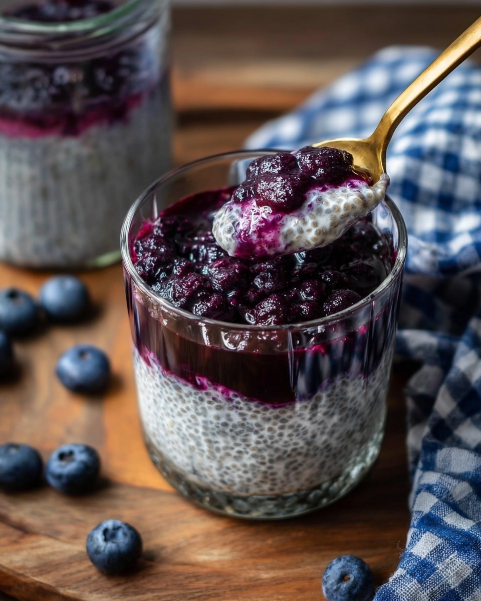The image shows a clear glass cup filled with a two-layered dessert or snack: the bottom layer is white chia pudding with small chia seeds visible, topped by a layer of dark purple blueberry compote with whole softened blueberries. A golden spoon is scooping a mix of both layers from the cup. The glass is placed on a wooden surface with a blue and white checkered cloth to the side, and a few loose fresh blueberries scattered nearby. In the background, there is another glass jar with the same dessert. The photo taken with an iphone --ar 4:5 --v 7
