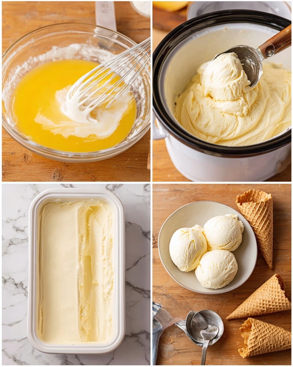 The image shows four stages of making vanilla ice cream. The first stage has a clear bowl with a yellow creamy mixture being whisked, while a white liquid is poured in. The second stage shows thick, creamy ice cream mixture in a white slow cooker pot with a spoon lifting a scoop of it. The third stage displays a filled white container with smooth, creamy ice cream set in a rectangular shape on a wooden surface. The last stage has three round scoops of vanilla ice cream in a small bowl, placed next to empty waffle cones and a spoon on a wooden surface. The background throughout is a white marbled texture. photo taken with an iphone --ar 4:5 --v 7