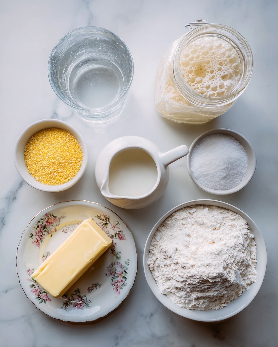 The image shows several baking ingredients arranged on a white marbled surface. At the top center, there is a clear glass jar filled with water, next to it on the right is a transparent container with bubbly, light beige ripe levain. Below them, in the middle left, a small white pitcher holds milk, and right of it lies a stick of unsalted butter in yellow wrapper. To the bottom left, a small white bowl contains yellow cornmeal, and next to it are two small white bowls with floral patterns, one filled with coarse salt and the other with white sugar. On the far right, a large white bowl is filled with fine white bread flour. The overall layout is neat with soft natural light. photo taken with an iphone --ar 4:5 --v 7