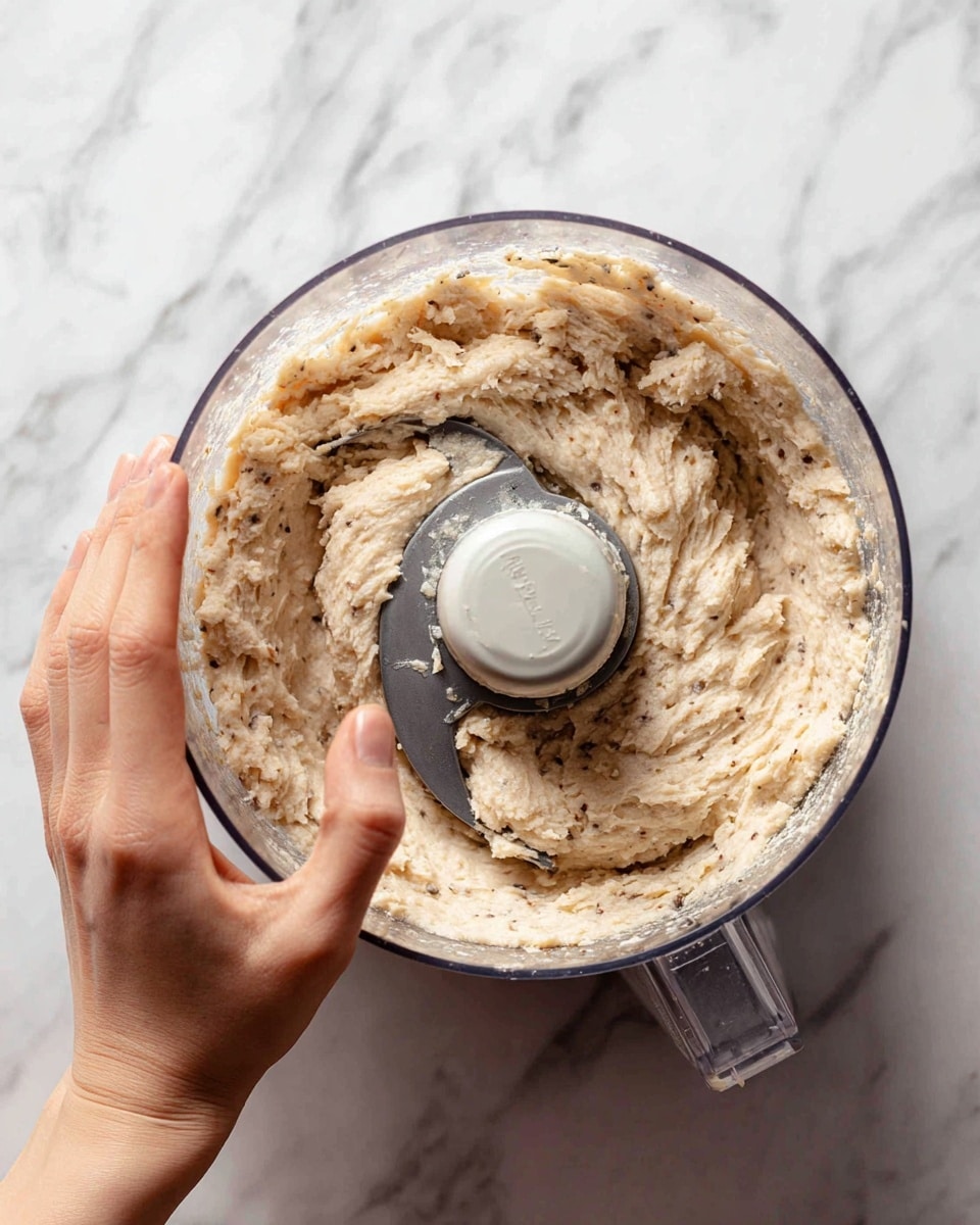The image shows a close-up top view of a white food processor mixing a thick, beige-colored dough with small darker specks. Inside the processor, the dough is being kneaded by a metal blade in the center, which is curved and coated lightly with dough. A woman's hand is placed beside the processor, partially touching the clear plastic lid. The background has a white marbled texture. photo taken with an iphone --ar 4:5 --v 7