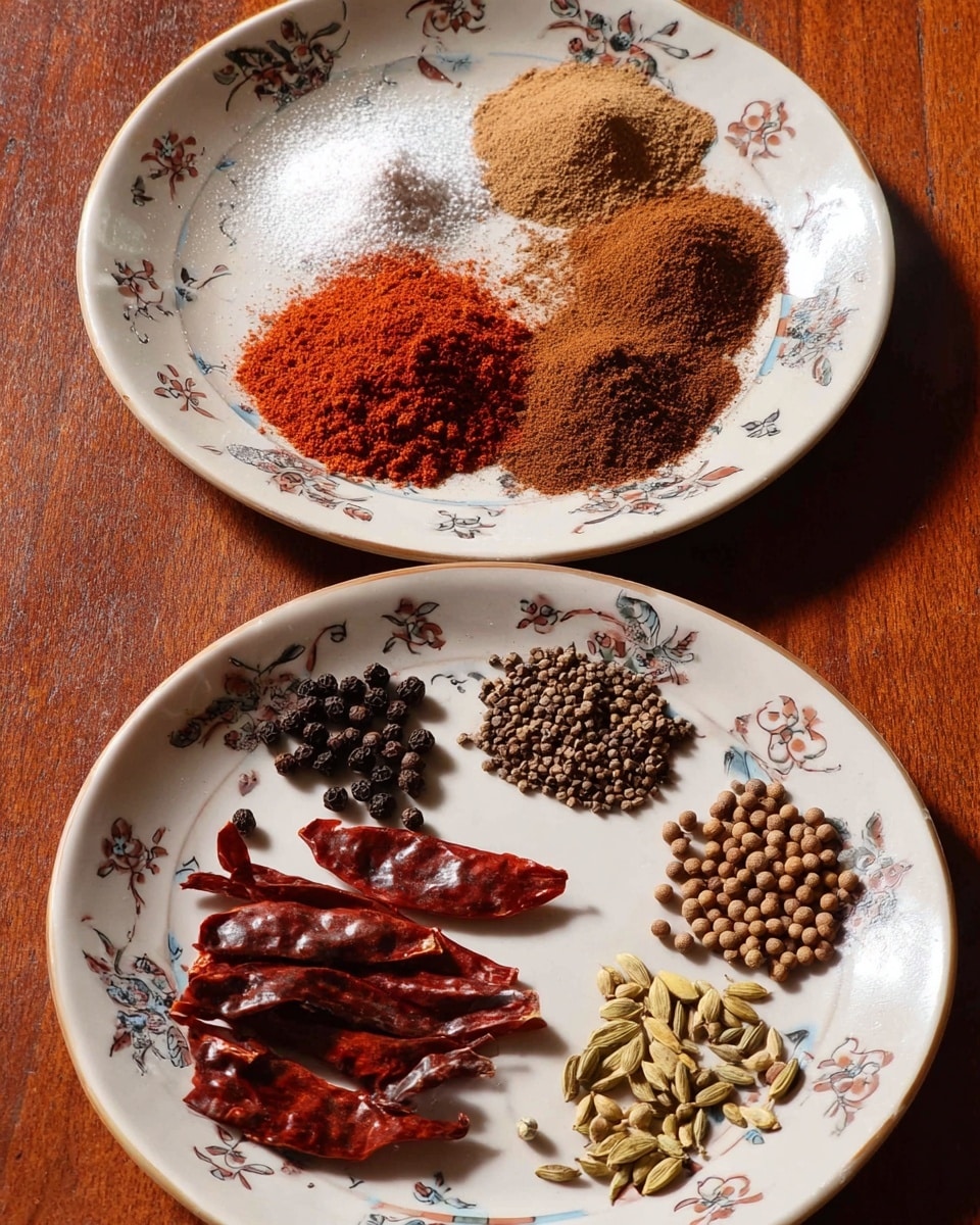 There are two white plates with a flowery pattern, each holding different spices. The top plate shows five piles of ground spices: a large bright red pile in the middle-right, a white pile in the top-left, a light brown pile below the white, and two smaller brown piles at the bottom. The bottom plate has whole spices arranged in separate groups: dried red chili peppers with wrinkled skin on the bottom left, black peppercorns nearby, brown round coriander seeds to the right, light brown cumin seeds on the far right, yellowish fenugreek seeds near the top left, and dark brown cloves and allspice berries scattered among them. Both plates sit on a wooden surface. Photo taken with an iphone --ar 4:5 --v 7