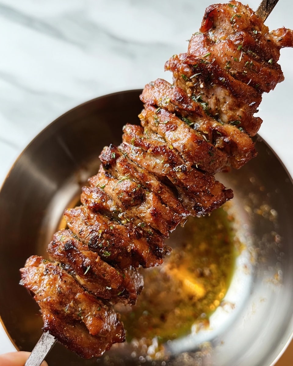 A skewer holds many layers of grilled meat tightly packed together, showing a rich brown color with smiling hints of char and spices, giving a textured, juicy look. The skewer is held by a woman's hand on the left side of the image, positioned over a shiny round metal bowl which reflects light softly. The background features a white marbled texture that adds a clean, bright contrast to the warm tones of the meat. The meat appears well-seasoned with visible herbs and a slightly glossy finish from the juices. Photo taken with an iphone --ar 4:5 --v 7