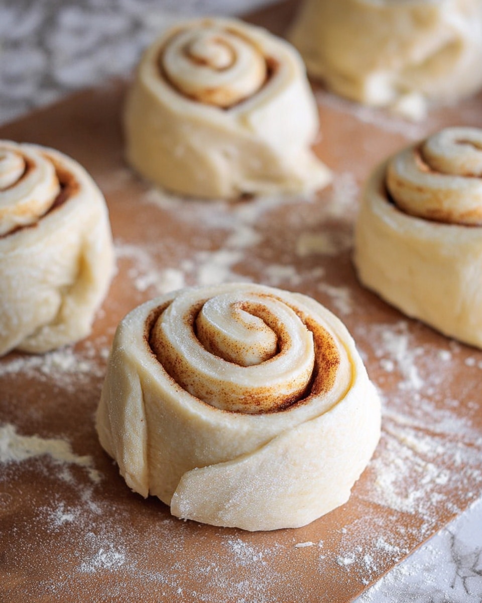The image shows several uncooked cinnamon rolls placed on a light brown wooden surface dusted with white flour. Each cinnamon roll has multiple layers of pale dough spiraled around a thin brown cinnamon filling, with the rolls standing upright. The dough layers are soft and slightly uneven, with some edges curling outward. The background has a white marbled texture that subtly contrasts with the wooden surface and flour. photo taken with an iphone --ar 4:5 --v 7
