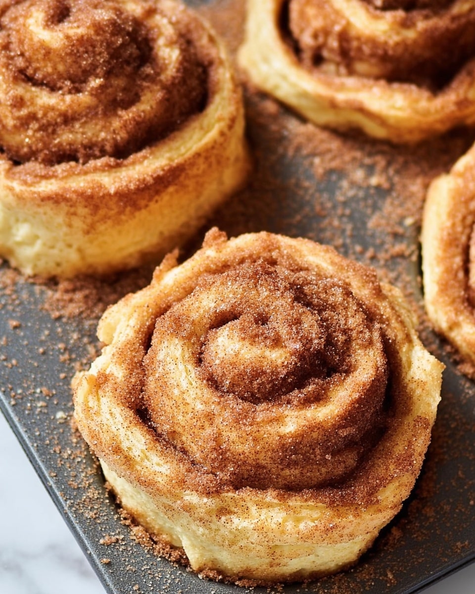 The image shows a close-up of four cinnamon sugar rolls in a dark baking tray with a white marbled surface background. Each roll has multiple spiral layers of light golden dough topped with a brown cinnamon sugar coating, creating a textured and slightly rough surface. The rolls are swirled tightly and have a soft, fluffy appearance with a dusting of cinnamon sugar that covers the top and edges. The light shines softly on the rolls, highlighting their warm colors and textures. Photo taken with an iphone --ar 4:5 --v 7