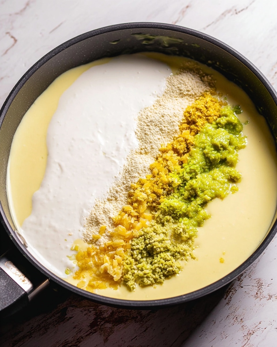 The image shows a pan with a creamy base that is light yellow in color, spreading across the bottom. On top of this base, there are four distinct groups of ingredients arranged side by side: a smooth white layer that looks soft and thick, a bright green chunky layer with a slightly wet texture, a small pile of finely chopped yellow-green pieces, and a small amount of light beige powder. The pan is dark with a handle visible at the bottom, and the background has a white marbled texture. photo taken with an iphone --ar 4:5 --v 7