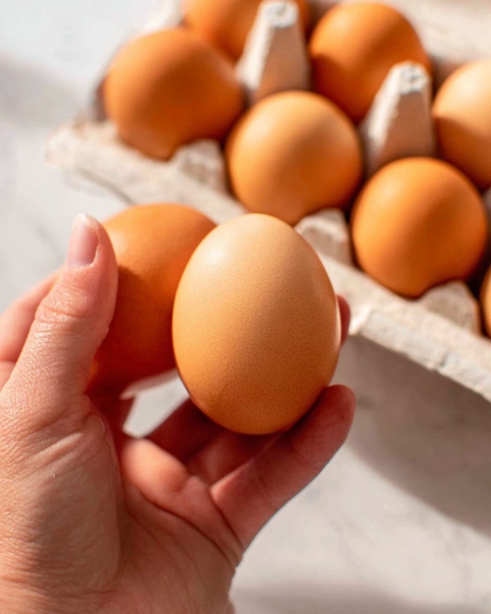 A close-up image showing a woman's hand holding two brown eggs with smooth shells. In the background, more brown eggs are visible inside a white egg carton, all placed on a white marbled surface. The lighting is soft and natural, highlighting the texture of the eggshells. photo taken with an iphone --ar 4:5 --v 7