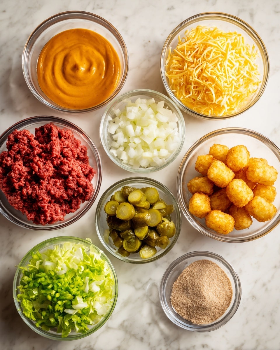 The image shows nine clear glass bowls arranged on a white marbled surface. Starting from the top left moving clockwise, the first bowl contains a smooth orange sauce, the second is filled with shredded yellow cheese, the third has raw ground red meat, the fourth contains small golden tater tots, the fifth bowl has finely chopped white onion, the sixth is filled with chopped green lettuce, the seventh has small chopped green pickles, the eighth holds light brown ground seasoning, and the ninth features a small amount of coarse salt. Each ingredient is cleanly separated, with textures ranging from smooth sauce to soft meat and crispy tater tots. Photo taken with an iphone --ar 4:5 --v 7