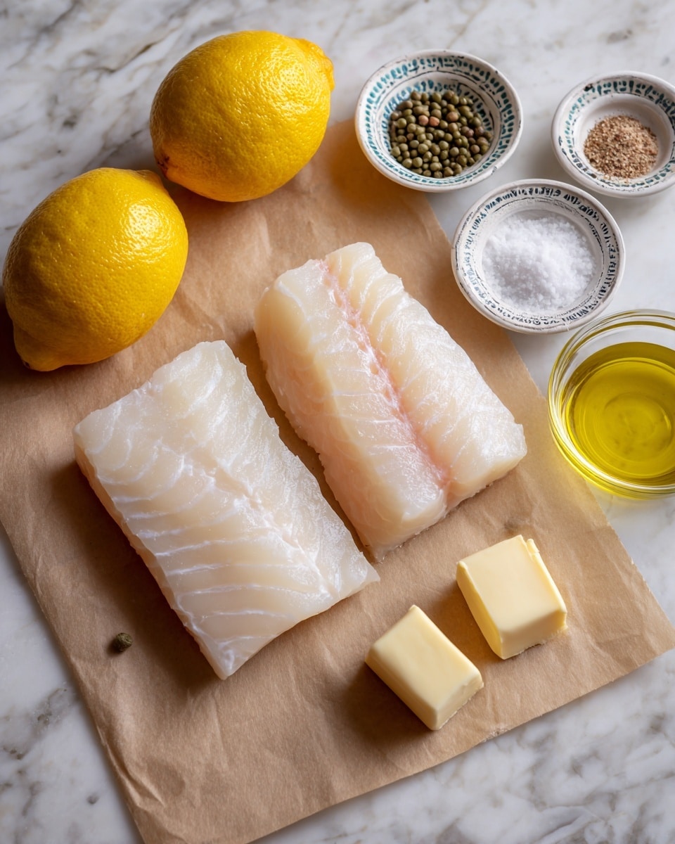 Two pieces of white black cod fish with smooth texture are placed on light brown parchment paper on a white marbled surface. Above the fish, there are two whole yellow lemons with a rough skin texture. Around them are small white dishes with detailed blue patterns holding various ingredients: one contains small round green capers, another has a mix of white salt and ground black pepper, a third dish shows golden yellow olive oil, and a small glass bowl holds fine white flour. Next to the dishes, two small cubes of pale yellow butter sit on the parchment paper. photo taken with an iphone --ar 4:5 --v 7