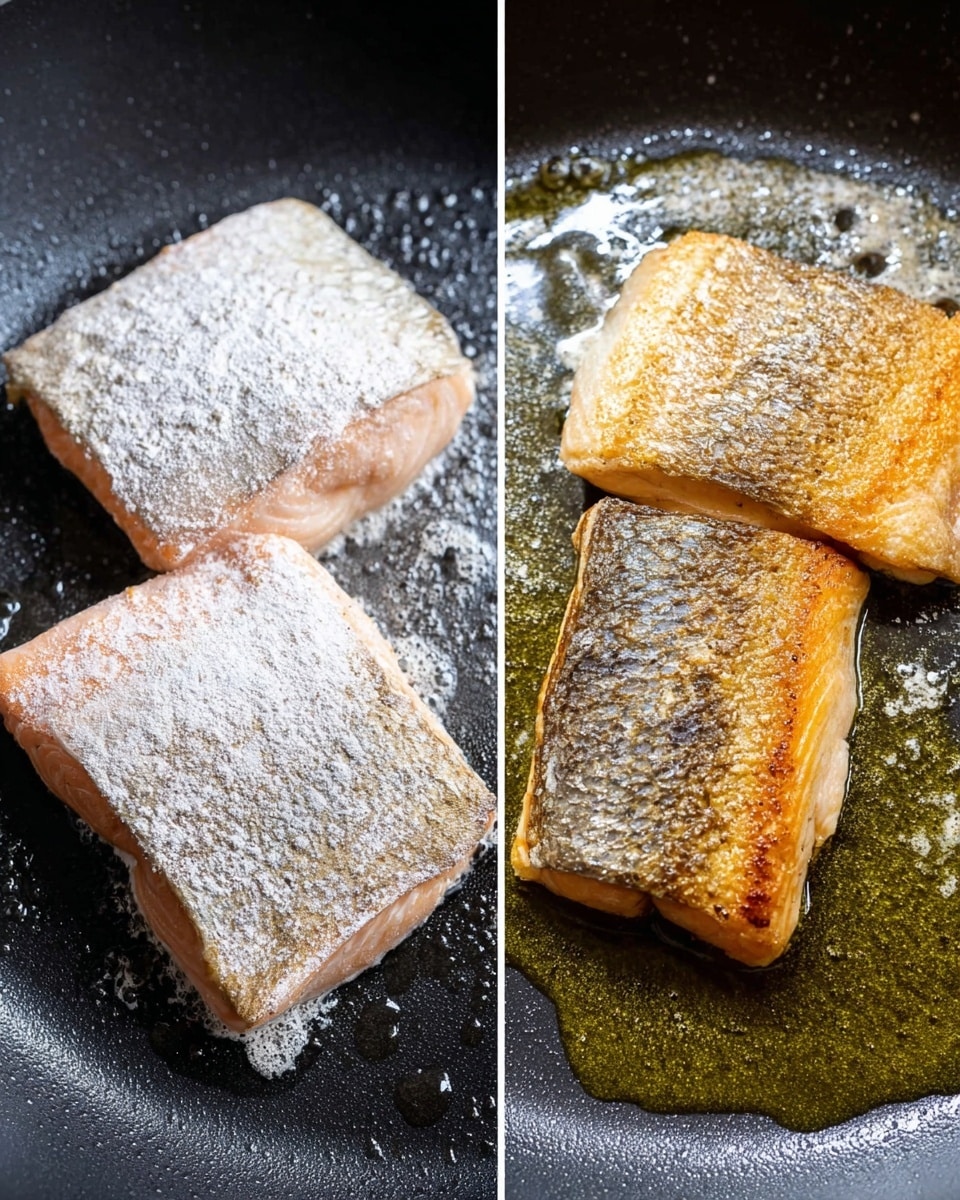 The image shows two side-by-side photos of two pieces of fish cooking in a black pan with oil. On the left side, the fish is raw with a light pink color and a dusting of flour on top, and on the right side, the fish is cooked with a golden-brown, crispy skin layer facing up, showing some texture and slight flaking. The black pan has some oil spread around the fish pieces, which sit near the center of the pan. The photo was taken with an iphone --ar 4:5 --v 7