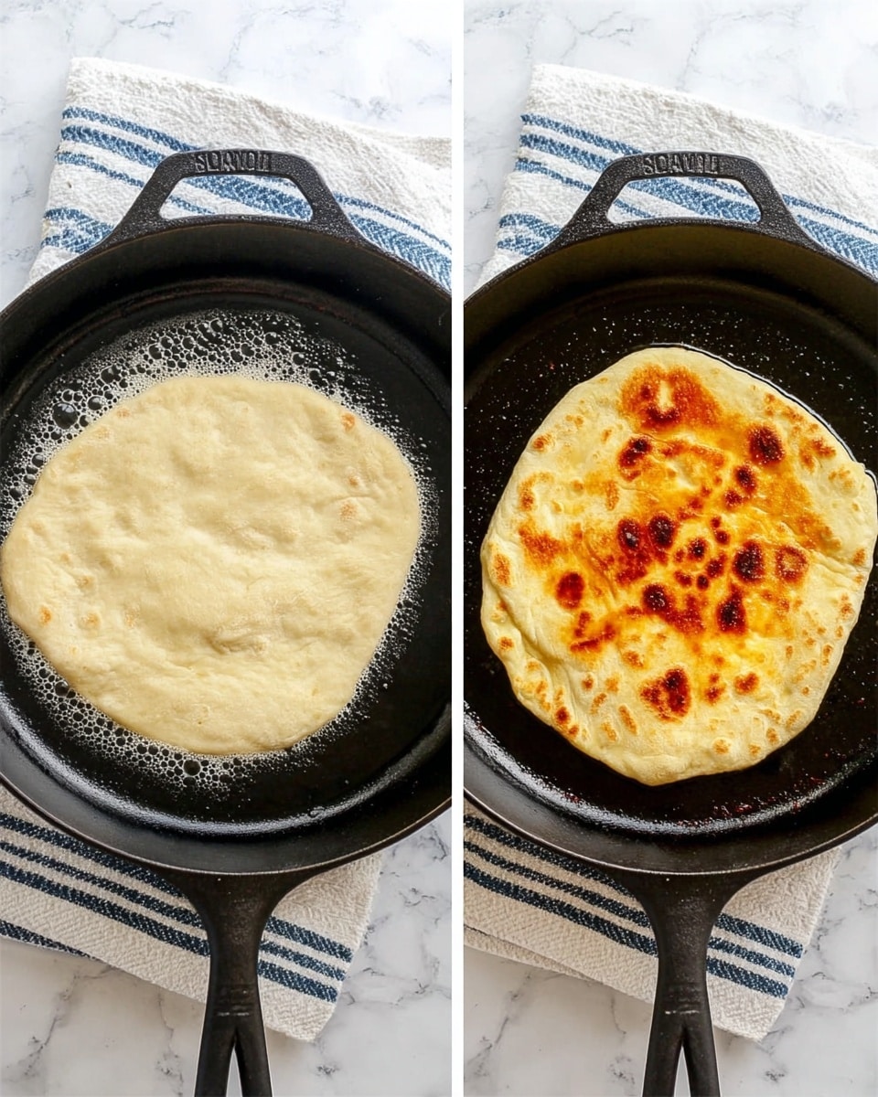 Two side-by-side images show a flatbread cooking on a black cast iron skillet placed on a white marbled surface with a white and blue striped towel under the handle. In the left image, the flatbread is light beige with a smooth texture and is in the center of the skillet surrounded by melting butter bubbles. In the right image, the same flatbread is slightly browned with golden and darker brown spots on the surface, showing a cooked texture with some uneven edges. The skillet remains the same in both images, with visible text on the handle. Photo taken with an iphone --ar 4:5 --v 7