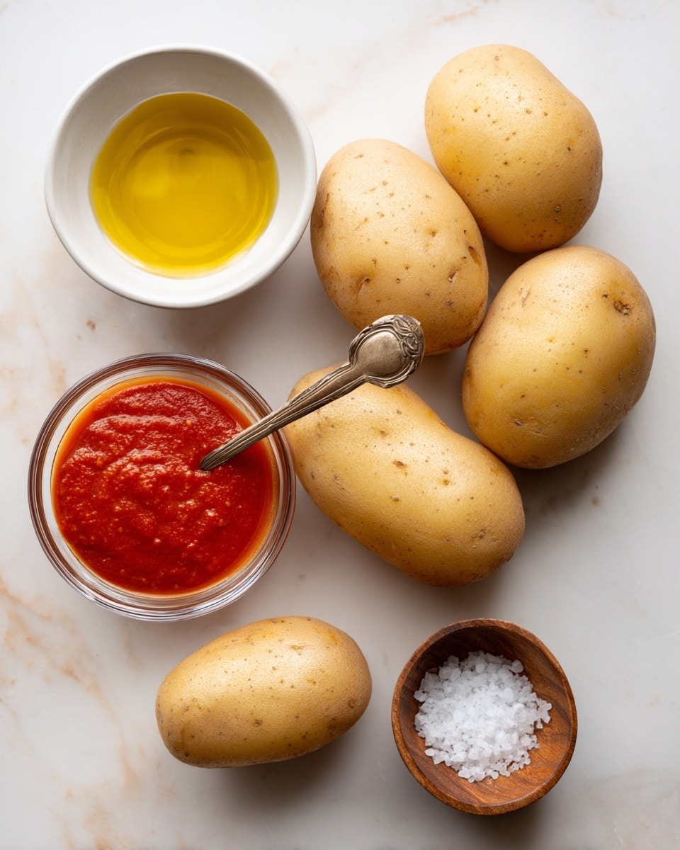 Four light brown potatoes with smooth skins lie on a white marbled surface near three small containers. A white bowl filled with golden olive oil is at the bottom left, a clear glass bowl containing bright red bravas sauce with a small spoon inside is to the right, and a small wooden bowl holds white salt towards the center bottom. Each item is neatly spaced and labeled with black text on white backgrounds above or beside them, all on the white marbled texture photo taken with an iphone --ar 4:5 --v 7