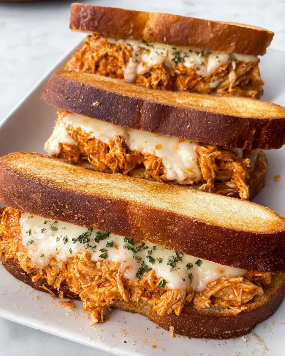 Three sandwiches placed close together on a white plate over a white marbled surface. Each sandwich has two layers of toasted golden brown bread, slightly darker on the edges. Inside, there is a thick layer of shredded orange chicken mixed with spices, topped with a melted layer of creamy white cheese sprinkled with small green herbs. The sandwiches look warm and soft with the cheese slightly stretching over the chicken. photo taken with an iphone --ar 4:5 --v 7