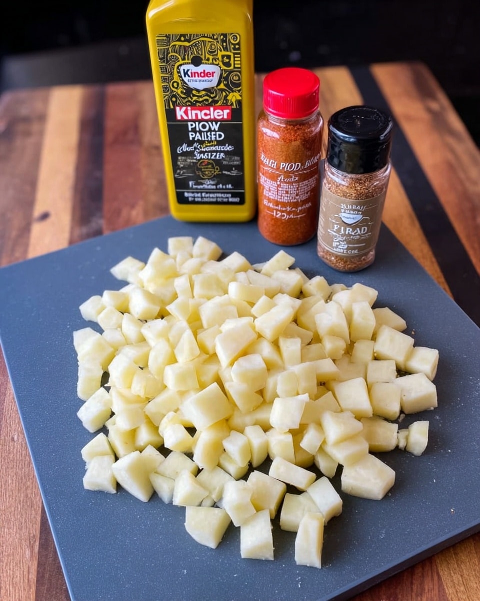 A pile of small, light yellow cubes of peeled potatoes spread across the center of a dark gray cutting board with a smooth texture. In the background, there are three seasoning containers: a tall yellow bottle of extra virgin olive oil with a playful design, a small red-lid bottle of smoked paprika, and a larger seasoning bottle labeled