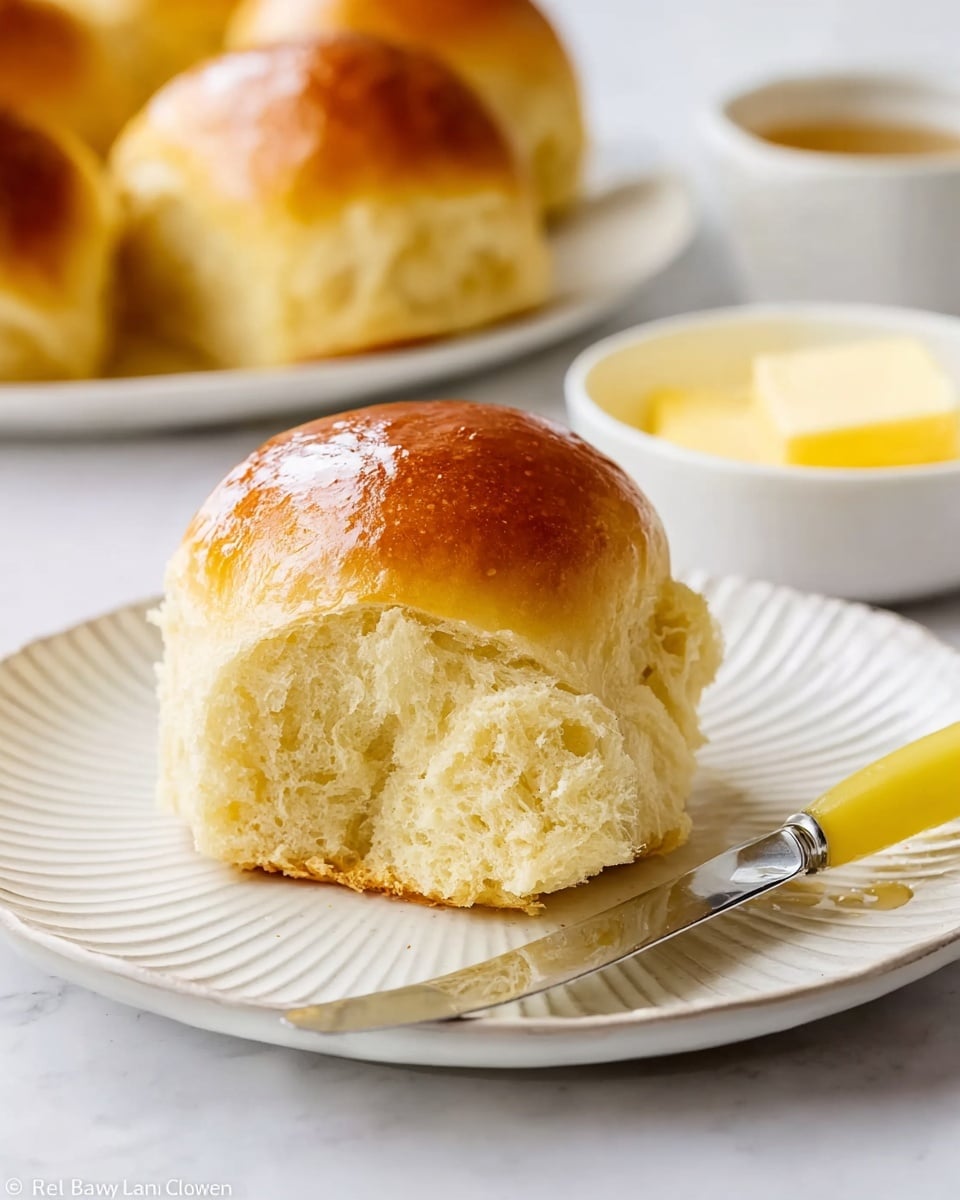 A close-up of a soft bread roll with a shiny golden brown top and a light, fluffy inside, placed in the middle of a white plate with a subtle textured pattern. Next to the roll is a butter knife with a yellow handle, resting diagonally across the plate. In the background, there are more bread rolls with the same soft texture and golden tops, slightly out of focus. To the right, a small white bowl holds a slice of yellow butter. All items are placed on a white marbled surface. photo taken with an iphone --ar 4:5 --v 7