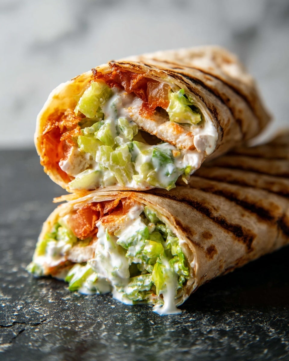 Two halves of a wrap are stacked on a dark stone surface with a white marbled texture background. Each half shows three main layers inside: the outer grilled tortilla with brown grill lines, a middle layer of thin crispy reddish-orange slices, and an inner filling of mixed light green and pale yellow lettuce pieces with creamy white dressing drizzled over it. The wrap is cut to display the colorful fresh ingredients filling tightly inside photo taken with an iphone --ar 4:5 --v 7