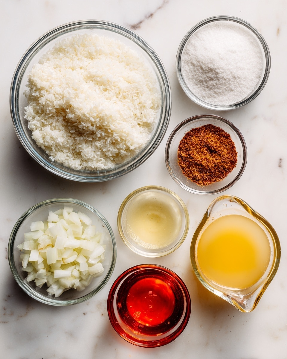The image shows seven small clear bowls and measuring cups arranged on a white marbled surface. The largest bowl on the left is filled with white rice, showing off its fine, grainy texture. To the right, there is a small bowl of white granulated powder at the top, below it a small bowl containing brown spice powder with a fine texture. Slightly below and to the right, a small bowl holds finely chopped white onions. Next to it, there is a small measuring cup filled with a light yellow liquid, and closer to the right edge, another measuring cup contains a bright red liquid with a smooth surface. At the top right corner, the largest measuring cup is filled with a yellowish liquid that looks thick and slightly opaque. The white marbled surface acts as a clean, bright background, highlighting the colors and textures of the ingredients. photo taken with an iphone --ar 4:5 --v 7
