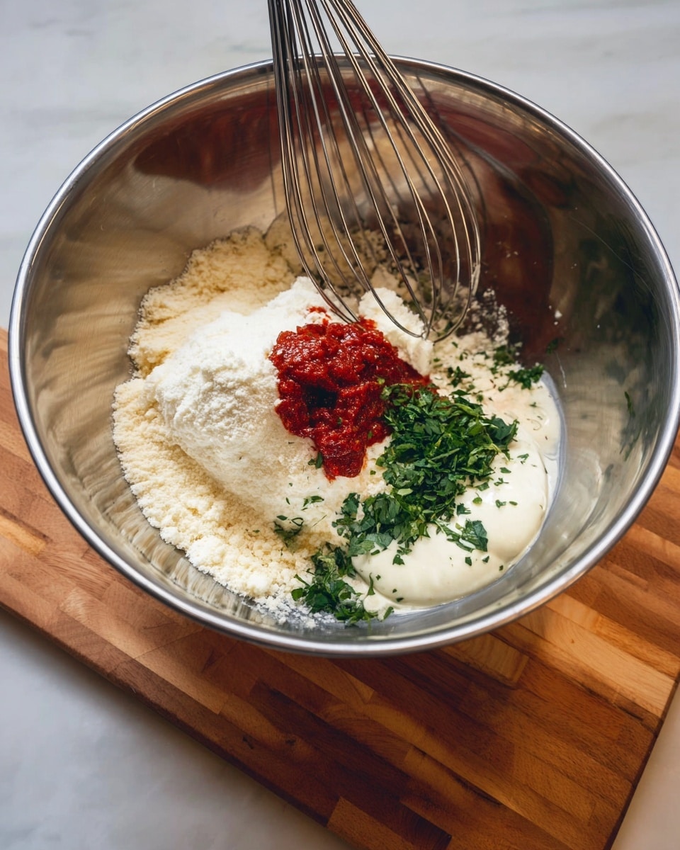 A shiny silver mixing bowl sits on a wooden chopping board that rests on a white marbled surface. Inside the bowl, there are distinct layers: a large pile of white powdered cheese on the left, a dollop of creamy white sauce on the bottom right, a cluster of finely chopped green herbs just above the sauce, and a small mound of bright red tomato paste on top of the cheese. A silver whisk is positioned above the bowl, ready to mix the ingredients together. photo taken with an iphone --ar 4:5 --v 7