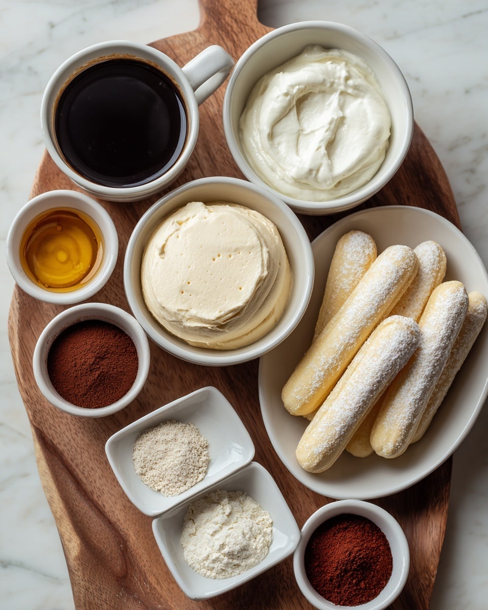 The image shows several small white bowls and plates arranged on a wooden board on a white marbled surface. There is one bowl filled with light beige mascarpone cheese with a smooth and creamy texture in the center. To its right, a small white plate holds several long, pale yellow savoiardi cookies with a fine dusting of powdered sugar on top. Next to this is a bowl filled with thick, white heavy cream. On the left side of the image, a white cup holds dark brewed espresso coffee. Around the mascarpone cheese are small square white dishes containing light golden vanilla extract, dark brown cocoa powder, medium brown instant coffee powder, and a dark reddish-brown Marsala wine in a tiny white bowl. The bowls and dishes are neatly arranged in a close cluster on the wooden board, creating a visually appealing collection of ingredients. photo taken with an iphone --ar 4:5 --v 7
