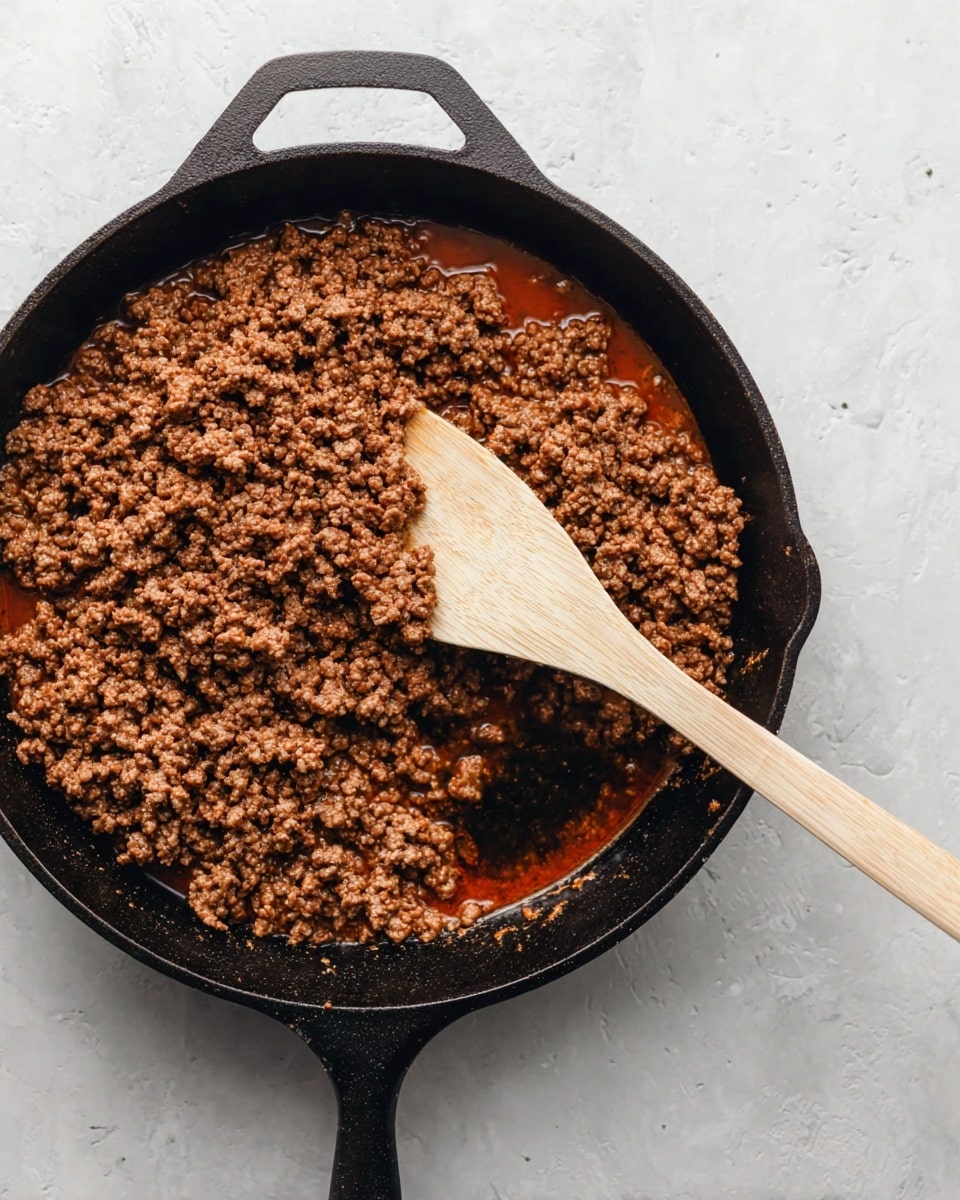 A close-up top view of a black cast iron pan filled with cooked ground beef that is brown and crumbly, sitting in reddish oil juices. A light wooden spoon rests in the pan, lifting some of the beef on the right side. The pan is placed on a white marbled surface. photo taken with an iphone --ar 4:5 --v 7