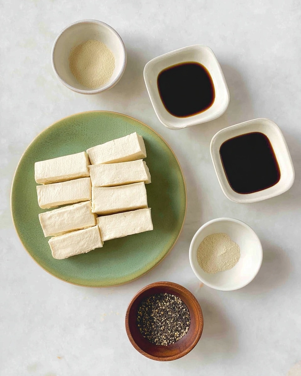The image shows a white marbled surface with a green plate holding neatly arranged, pale beige rectangular tofu slices, stacked in two rows. Above the plate are three small white square bowls containing dark soy sauce, light beige powder, and a white round bowl with more dark liquid. A small brown bowl holds a mix of black and white pepper. The setup is clean and simple with soft, natural light. Photo taken with an iphone --ar 4:5 --v 7
