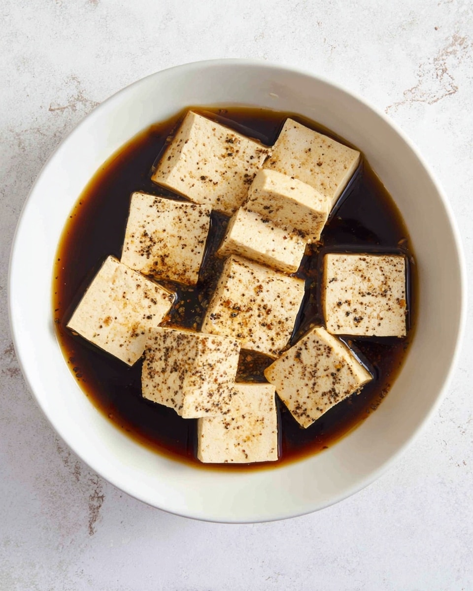 A white bowl filled with a dark brown soy-based sauce, in which eight square pieces of tofu are partially submerged. The tofu squares are pale beige with a slightly textured surface and are evenly sprinkled with small black pepper flakes. The tofu pieces are arranged loosely, some overlapping, floating gently in the rich sauce. The background is a white marbled texture. Photo taken with an iphone --ar 4:5 --v 7