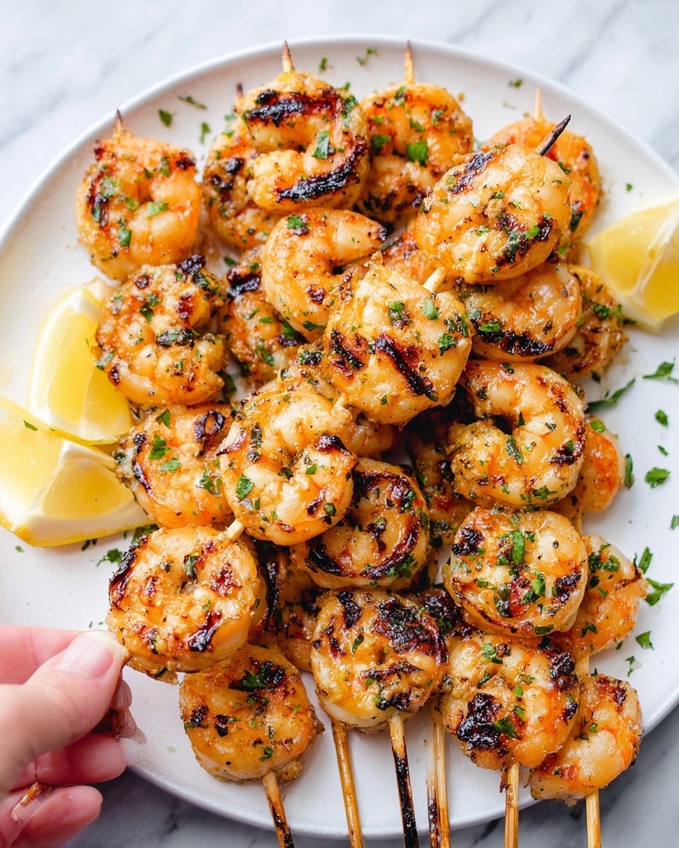 The image shows a stack of grilled shrimp skewers on a large white plate. There are multiple skewers laid beside each other, each with several shrimp that are orange with charred dark grill marks and small green herb bits sprinkled on top. The shrimp are plump and slightly shiny, giving a fresh and cooked look. On the side of the plate, there are two lemon wedges with bright yellow skin and pale yellow inner flesh. A woman’s hand is holding one of the skewers at the bottom left corner of the image. The plate sits on a white marbled surface. photo taken with an iphone --ar 4:5 --v 7
