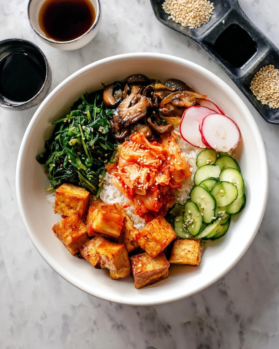 A white bowl contains a colorful meal with five clear sections arranged around a bed of white rice in the center. At the top left, wilted green spinach is placed next to brown sautéed mushrooms. To the right, bright red and orange kimchi rests beside thin, white radish slices with red edges. On the bottom right, fresh green cucumber slices have a slight shine with some sauce lightly drizzled on top. The bottom left shows golden-brown tofu cubes that are cooked to a crispy texture, some with sauce lightly coating them. The bowl sits on a white marbled surface, with small black dishes containing sesame seeds and dark sauce nearby. photo taken with an iphone --ar 4:5 --v 7