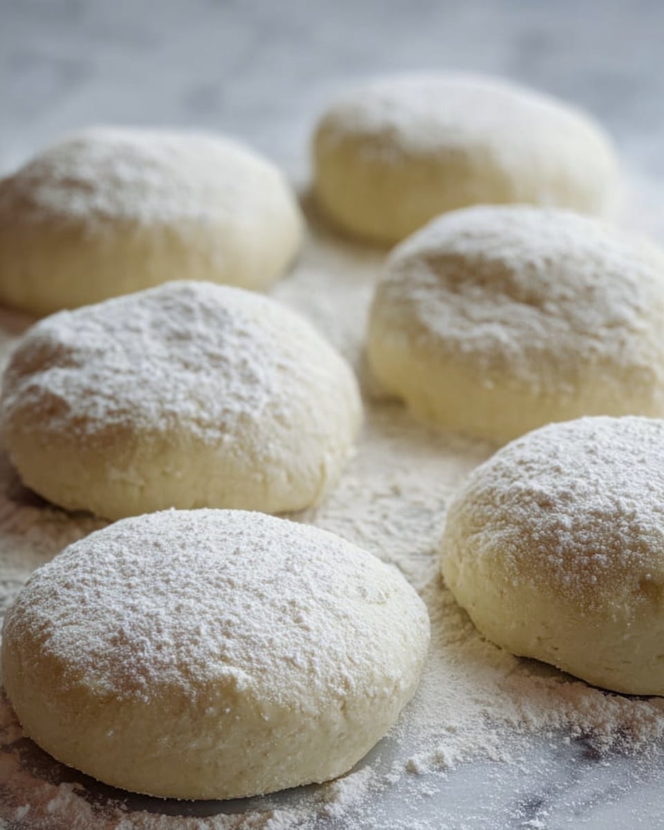 The image shows seven round dough pieces arranged on a white marbled surface dusted with flour. Each dough piece is fluffy, pale cream in color with a soft, slightly bumpy texture, and lightly coated with a thin layer of white flour on top. The dough pieces vary slightly in size but are similar in shape, with soft curved edges and a smooth top. The soft flour on the surface and dough adds a powdery look, creating a light, airy feel to the scene. The background is blurred, focusing on the dough arranged close together. Photo taken with an iphone --ar 4:5 --v 7
